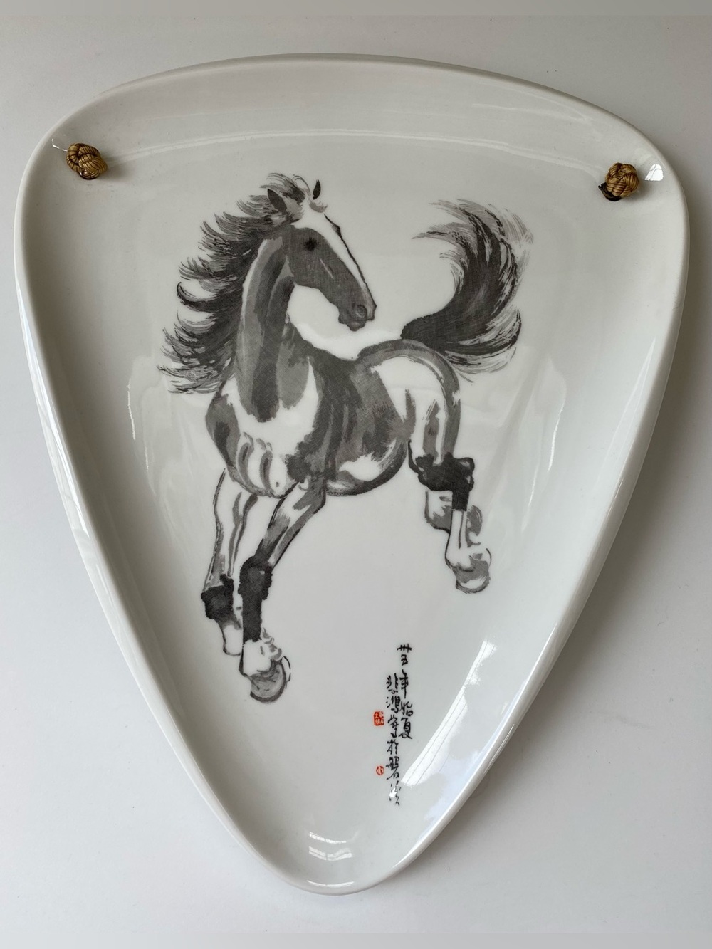 Vintage White Porcelain Wall Plaque with Black Horse Art